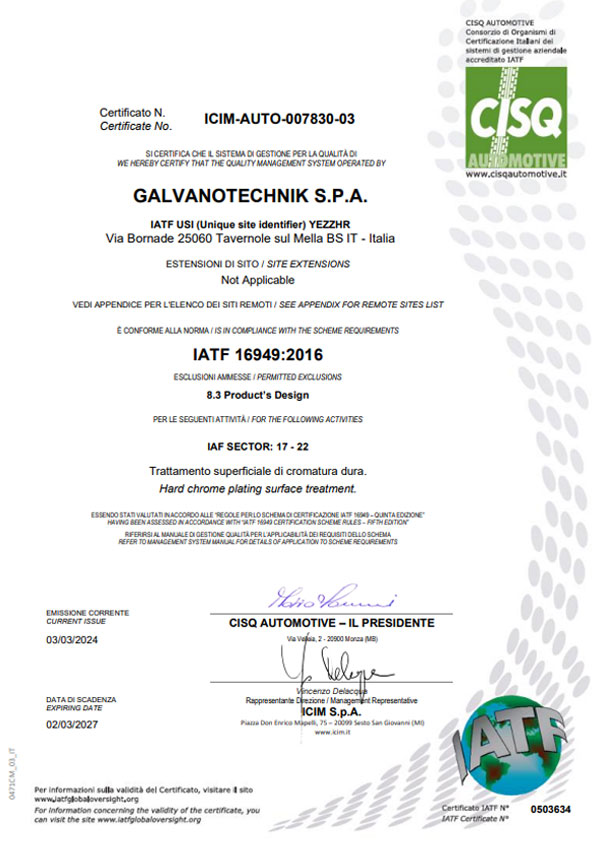 Certificazioni e sistema qualità, GalvanoTechnik S.p.A.