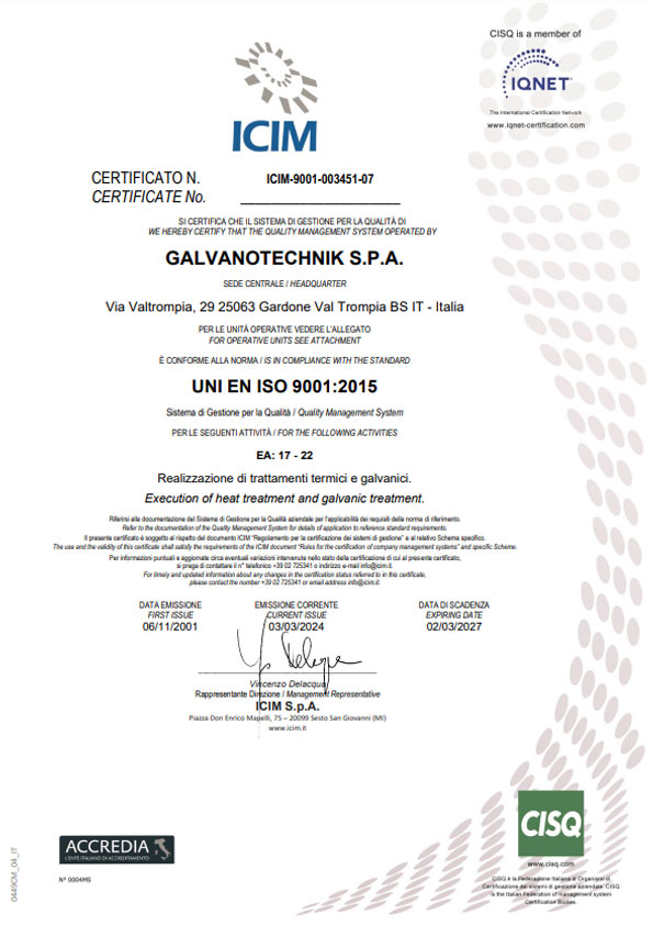 Certificazioni e sistema qualità, GalvanoTechnik S.p.A.